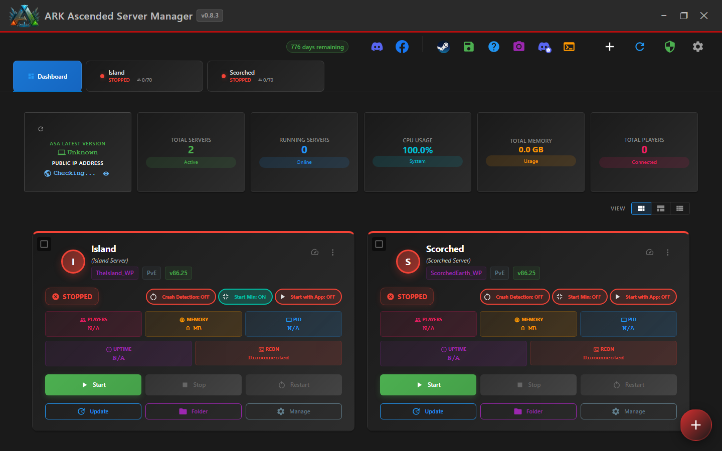 ASM dashboard with two servers (Island and Scorched) ready to be clustered