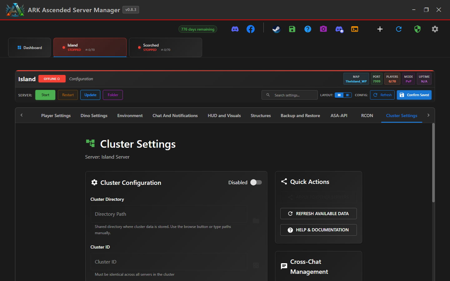 The Cluster Settings sub-tab showing Cluster Configuration with Directory Path and Cluster ID fields