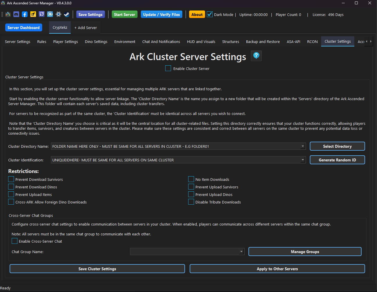 Cluster Settings Tab