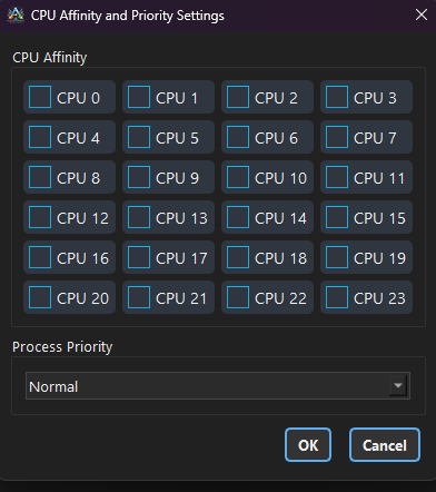 CPU Affinity Settings Window