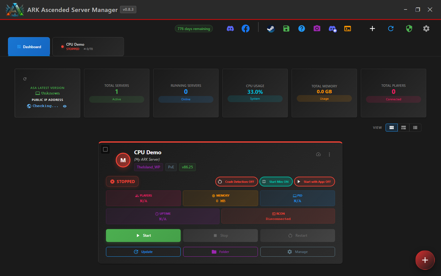 Dashboard with the server card showing the CPU Settings icon in the top-right corner