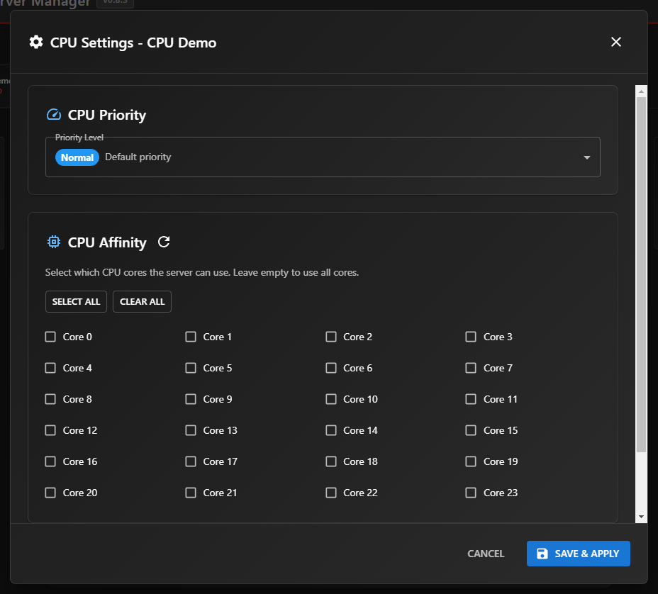 CPU Settings dialog showing the Priority Level dropdown and the Core checkbox grid