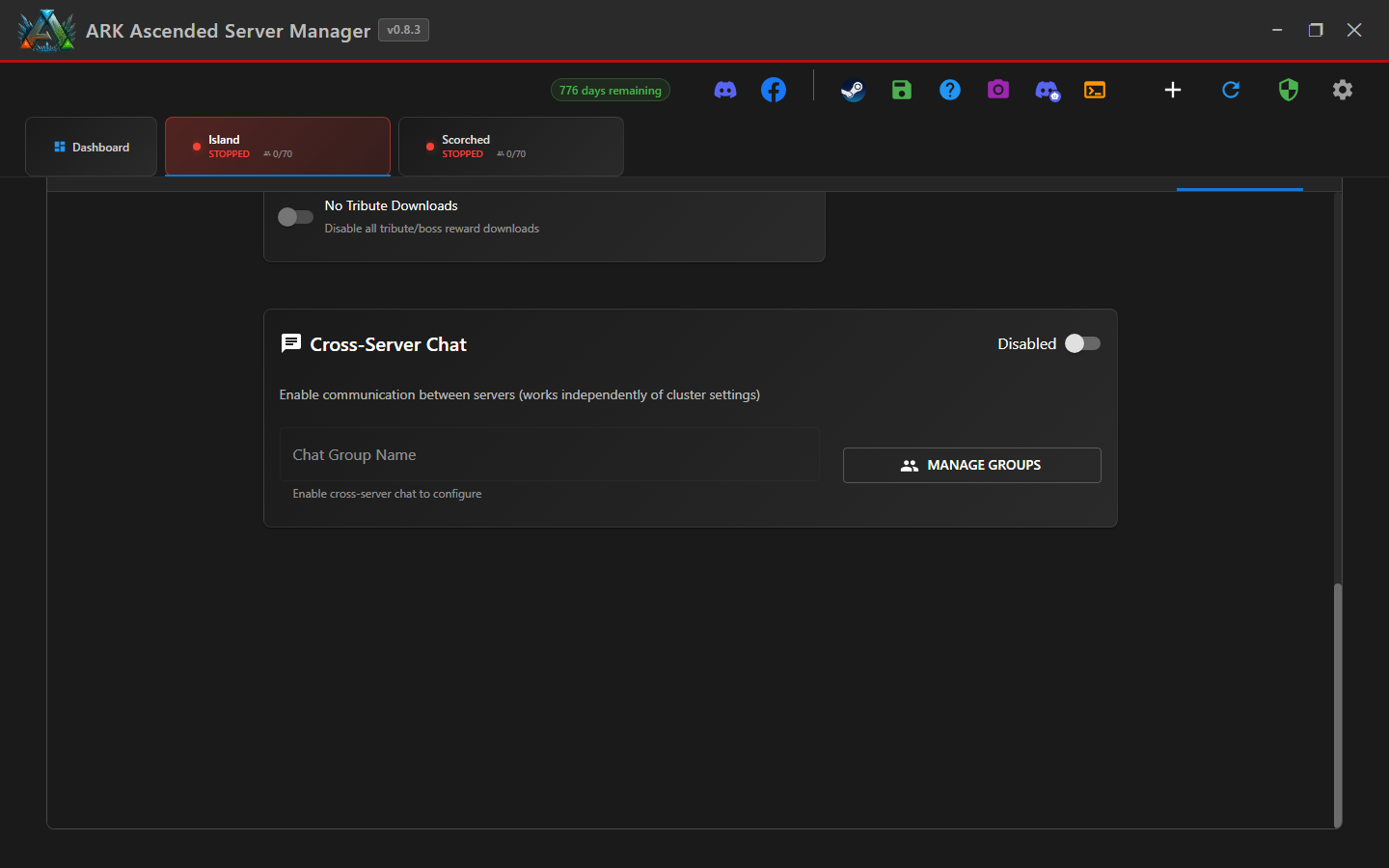 Cross-Server Chat panel in Cluster Settings, disabled state