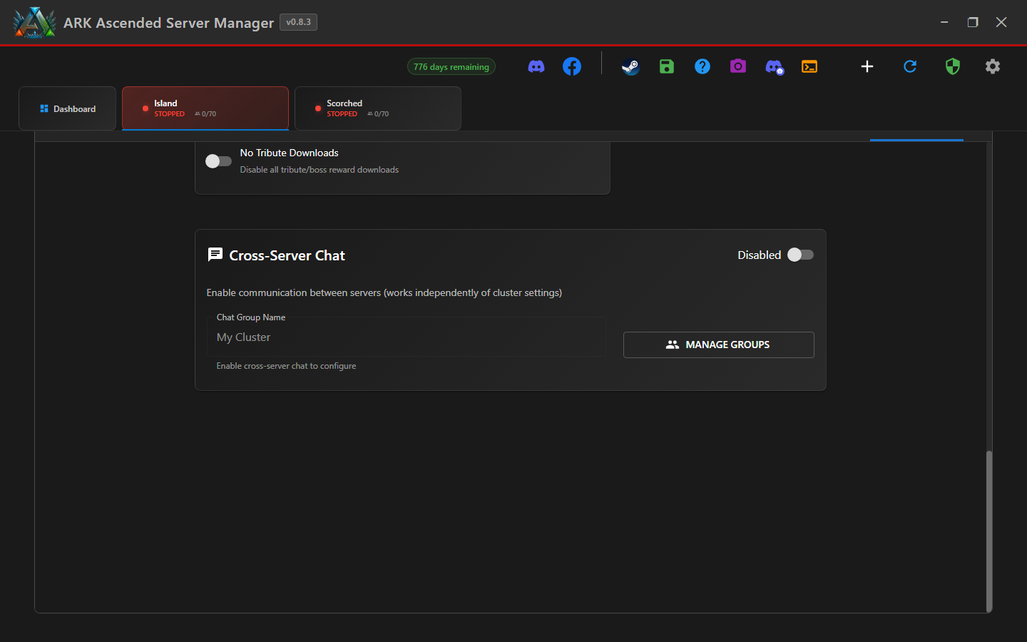 Cross-Server Chat panel with the toggle on and a Chat Group Name typed in