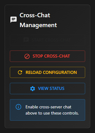 Cross-Chat Management sidebar with Start, Stop, Reload Configuration, and View Status buttons