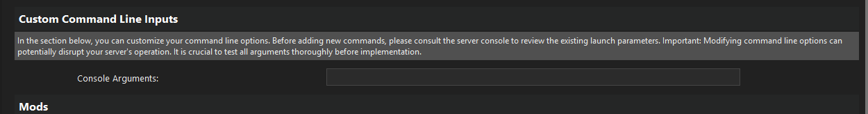 Custom Command Line Inputs Section