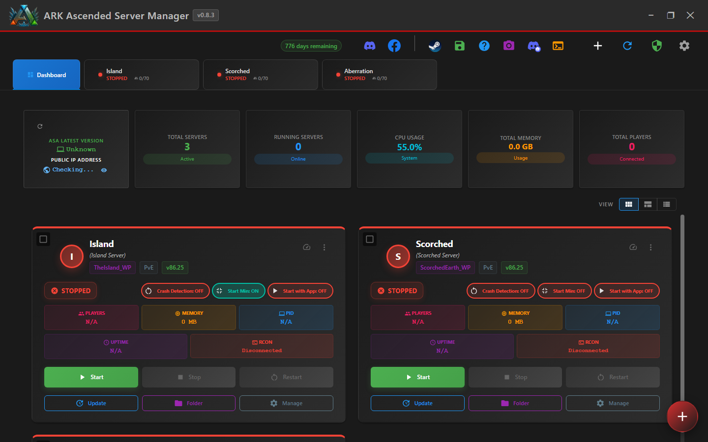 AASM dashboard with three servers
