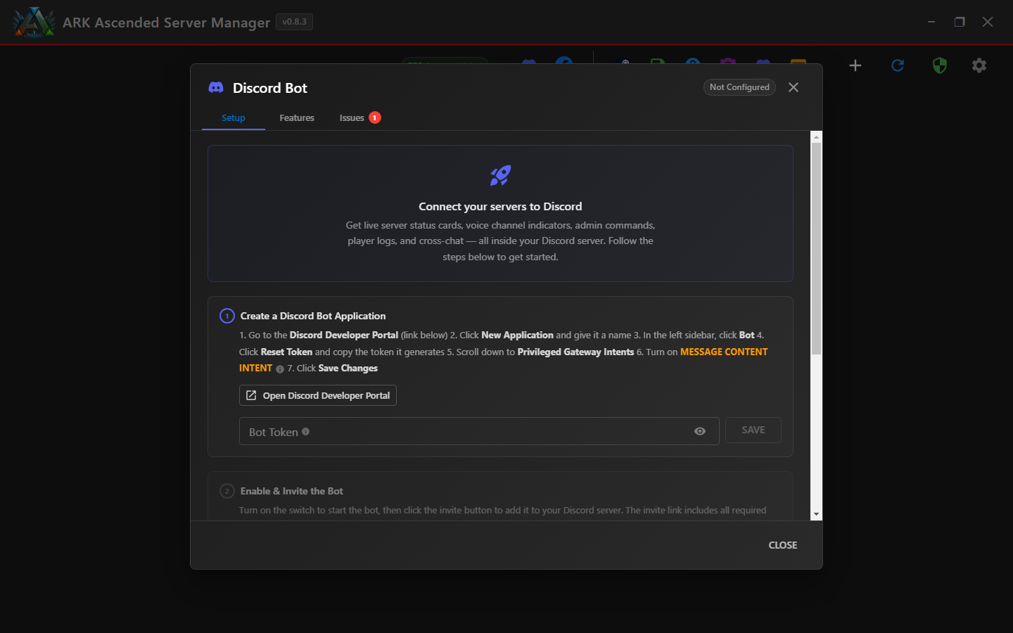 ASM with the Discord Bot dialog open showing Setup tab