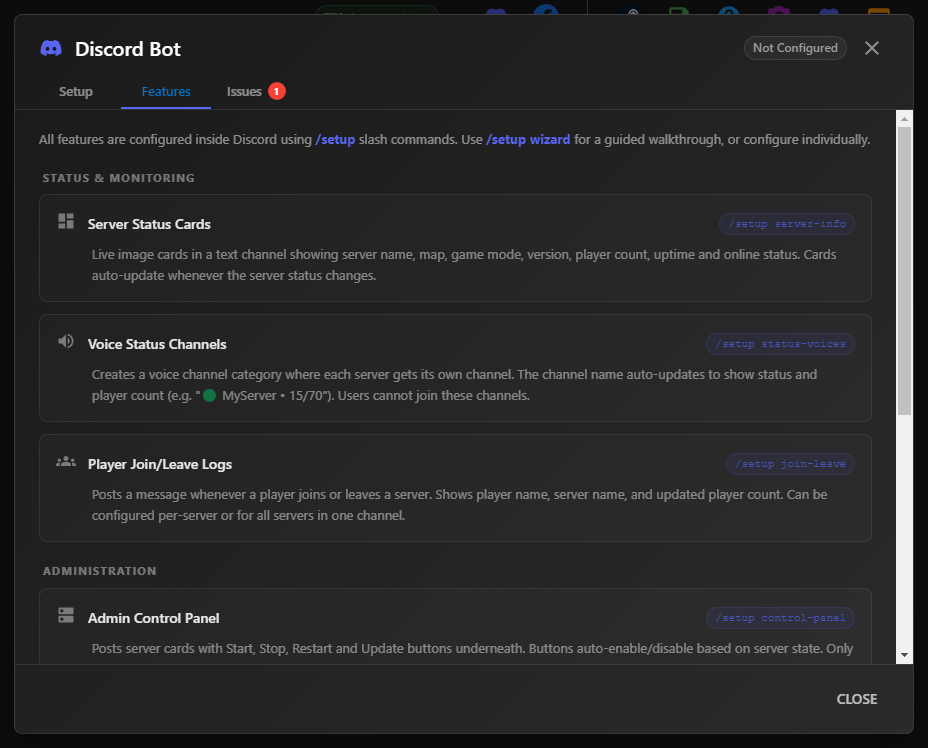 Discord Bot dialog Features tab listing all available features and their slash commands