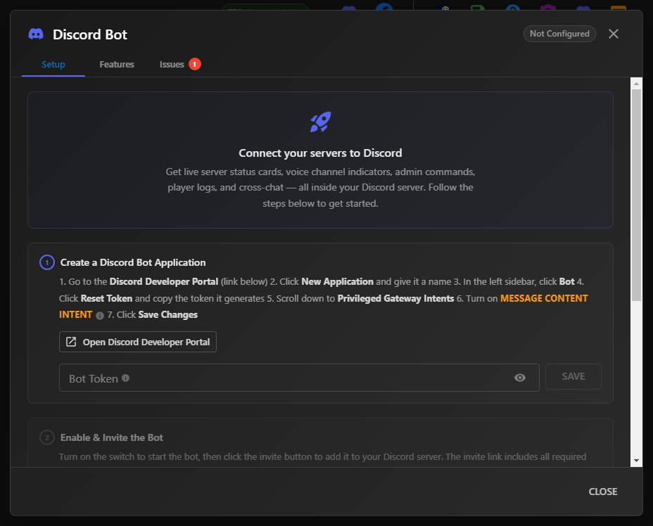 Discord Bot dialog Setup tab showing step 1 with the Bot Token field