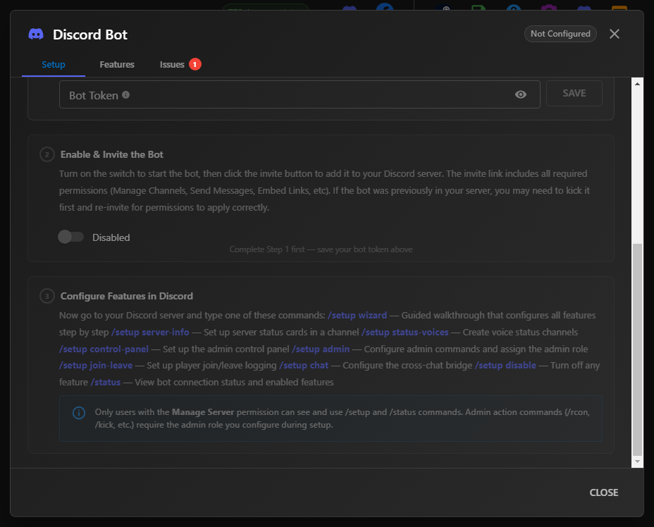 Discord Bot dialog Setup tab showing Step 2 (Enable & Invite) and Step 3 (Configure Features in Discord) with the slash command list