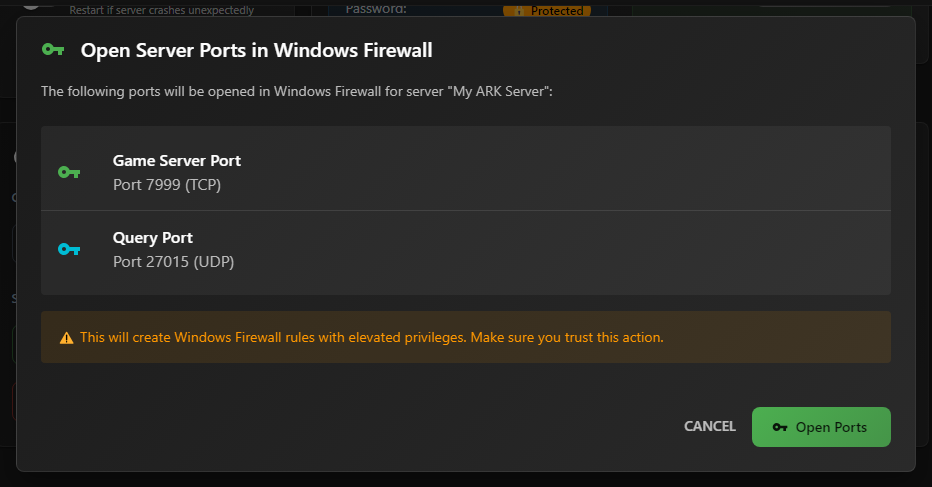 Open Server Ports in Windows Firewall confirmation dialog