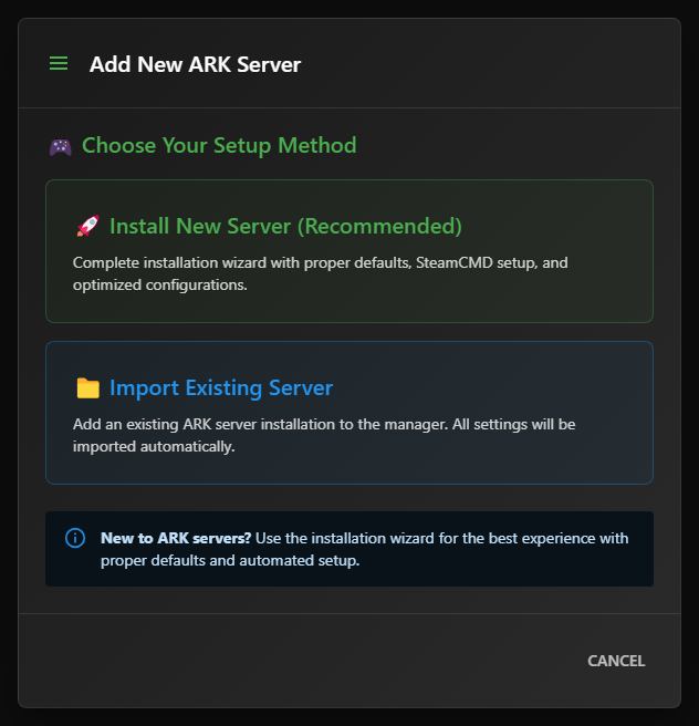 Choose Your Setup Method dialog showing Install New Server and Import Existing Server cards