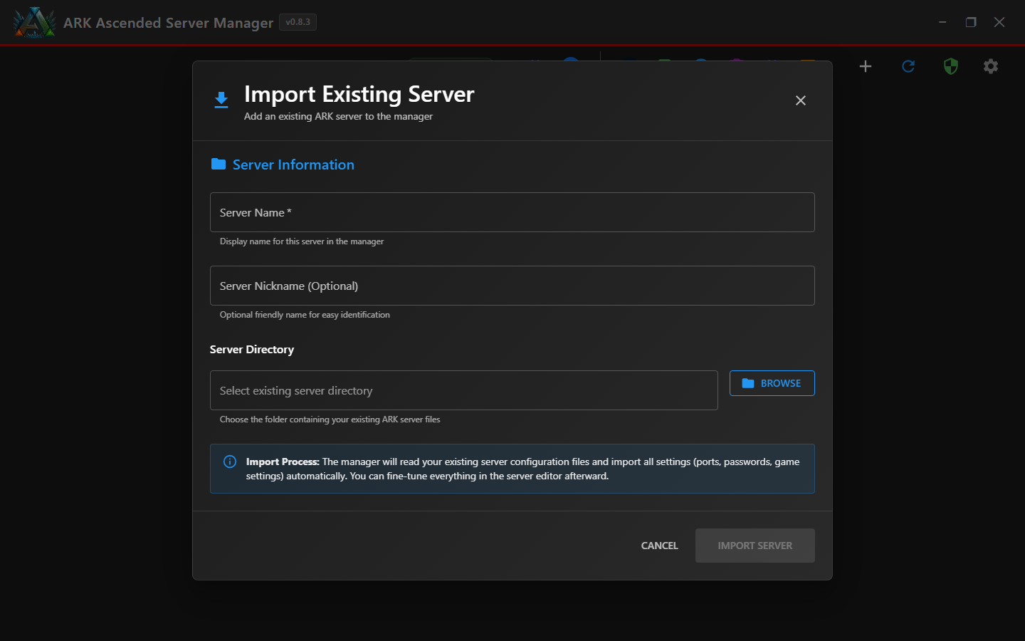 Import Existing Server dialog with empty Server Name, Nickname and Directory fields