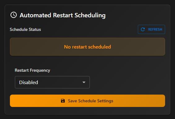 Automated Restart Scheduling card showing the Restart Frequency dropdown