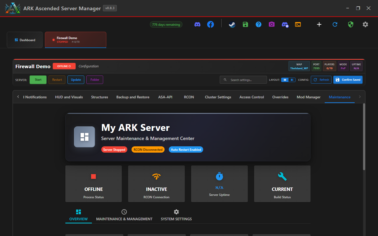 Maintenance tab open on a server in AASM