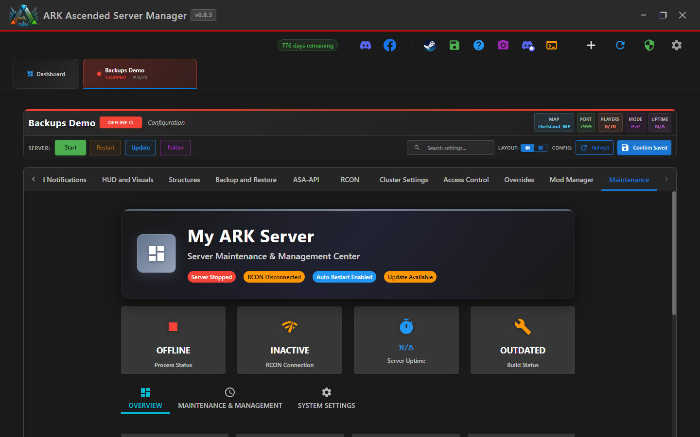 Server tab with the Maintenance sub-tab selected, showing the Server Maintenance & Management Center landing view