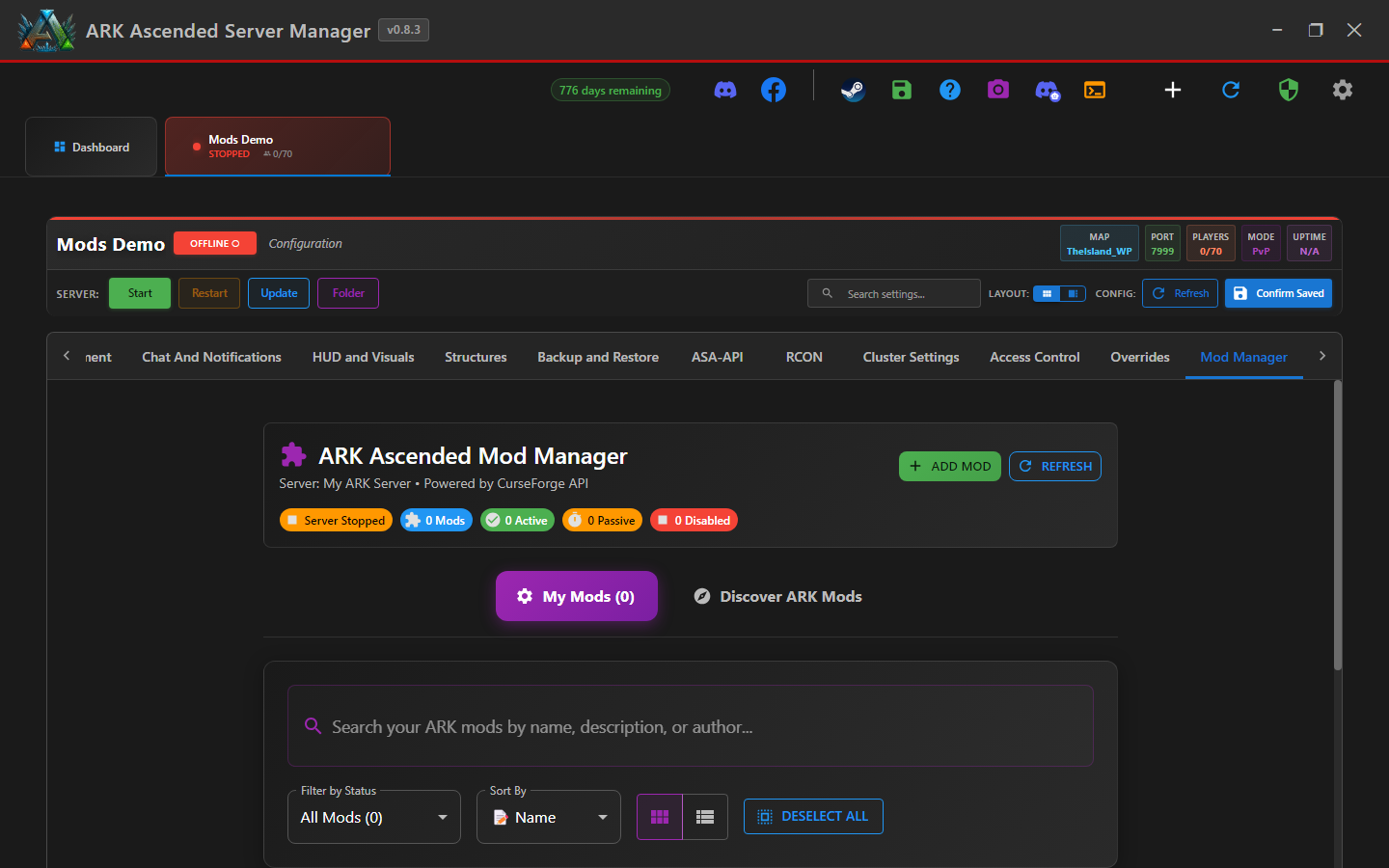 Mod Manager tab landing showing the Active/Passive/Disabled lists