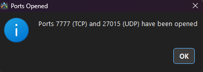 Ports Opened Confirmation Popup
