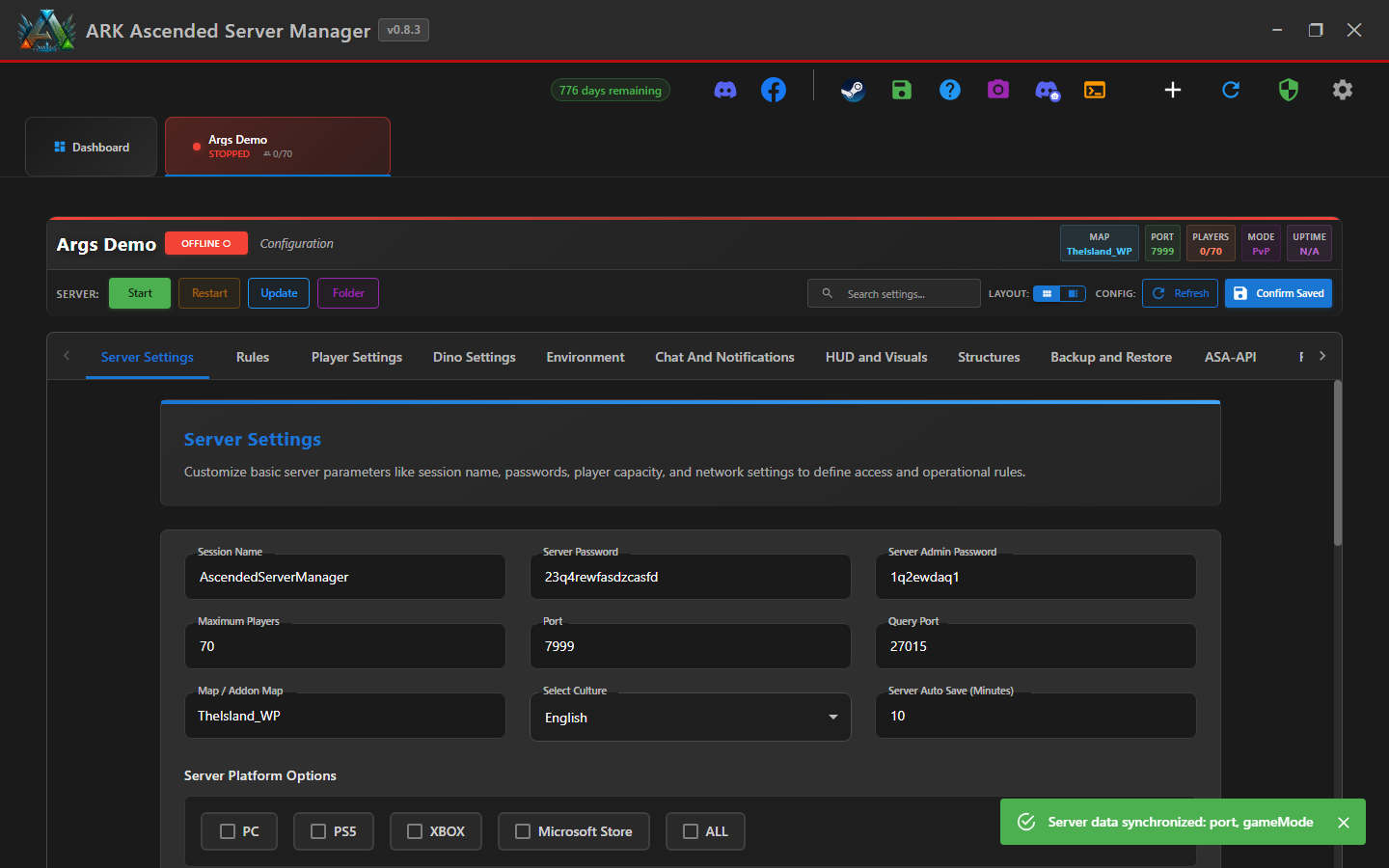 Server tab with Server Settings sub-tab selected, showing the top of the Server Settings page