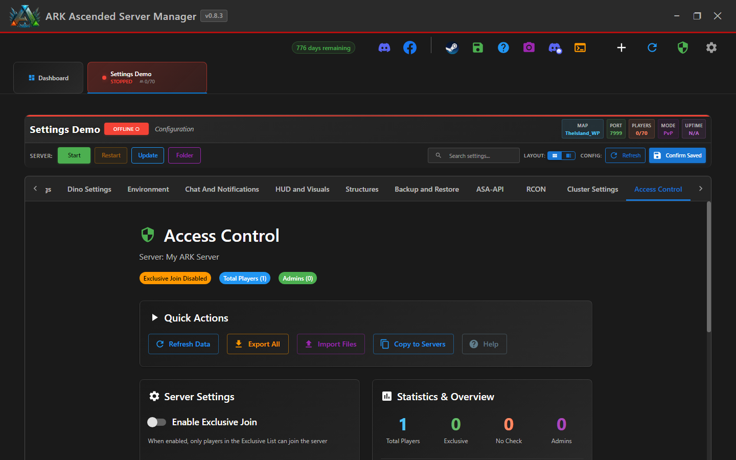 Access Control sub-tab with ban list and whitelist sections