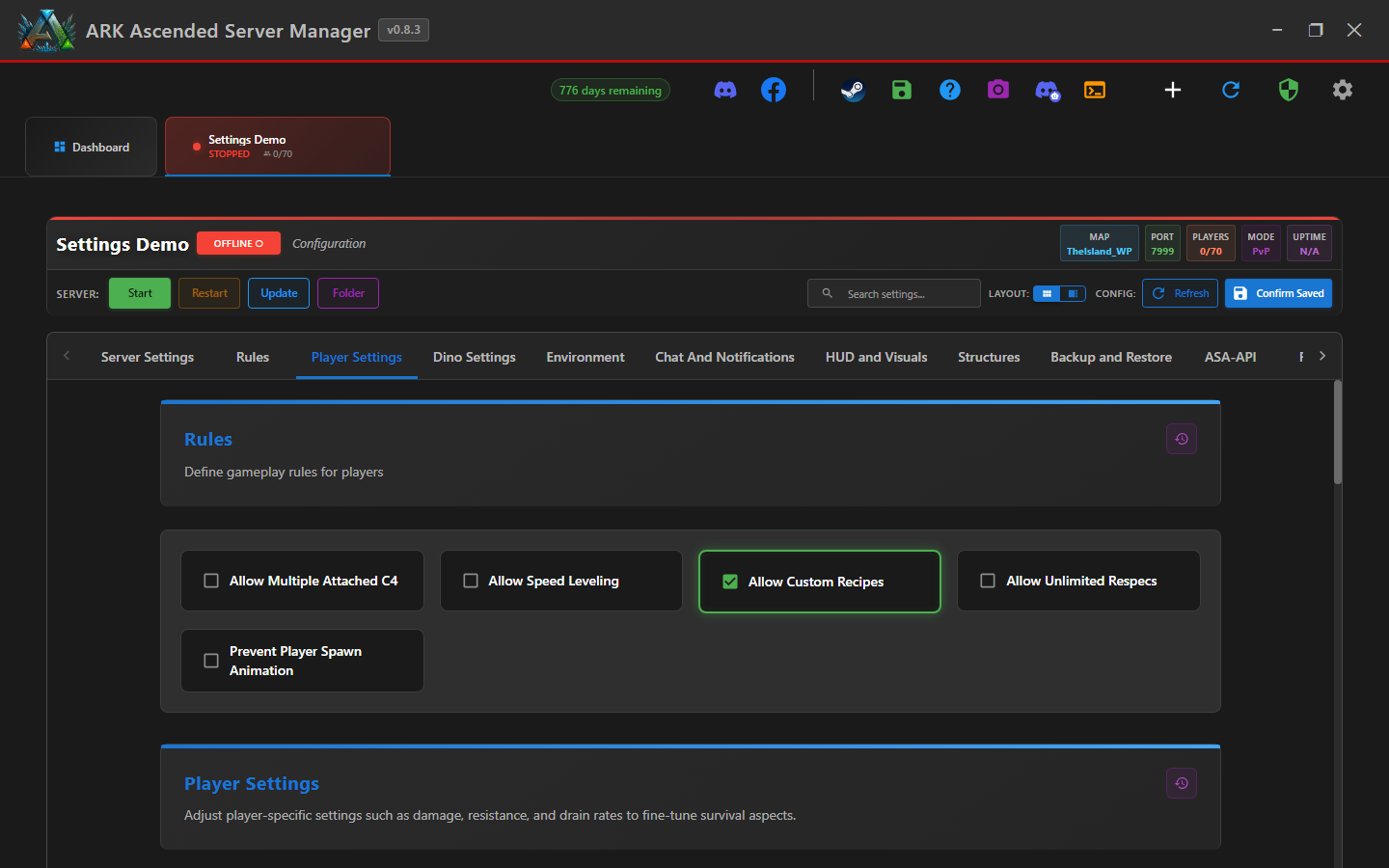 Player Settings sub-tab with various tunable values