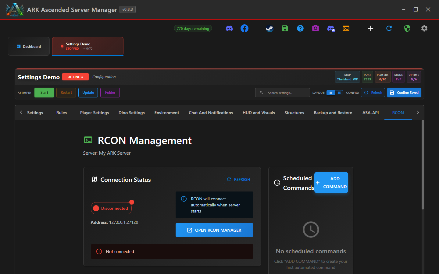 RCON sub-tab inside a server tab