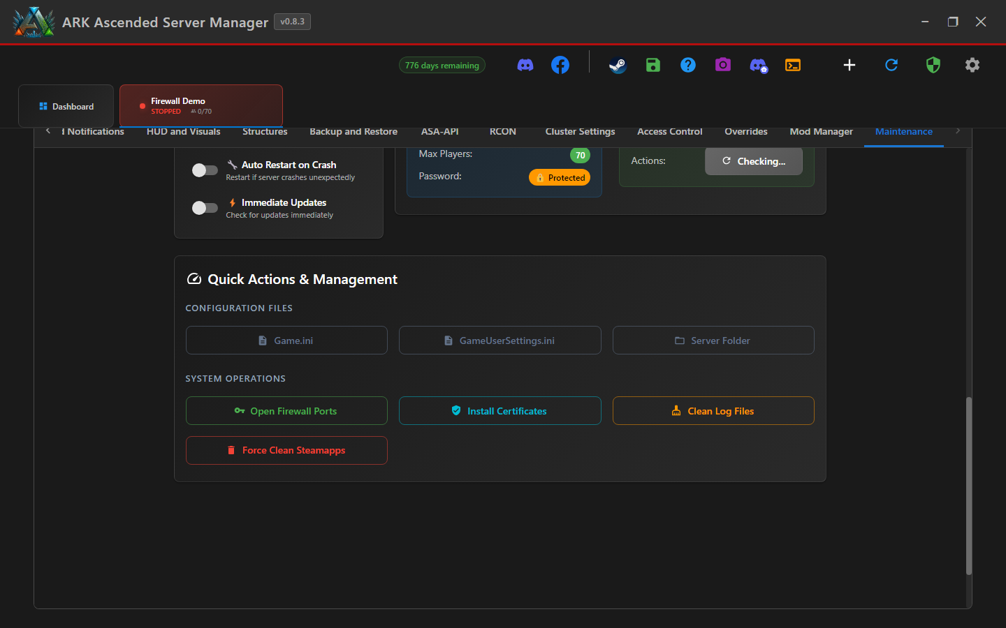 Quick Actions and Management card showing the System Operations section
